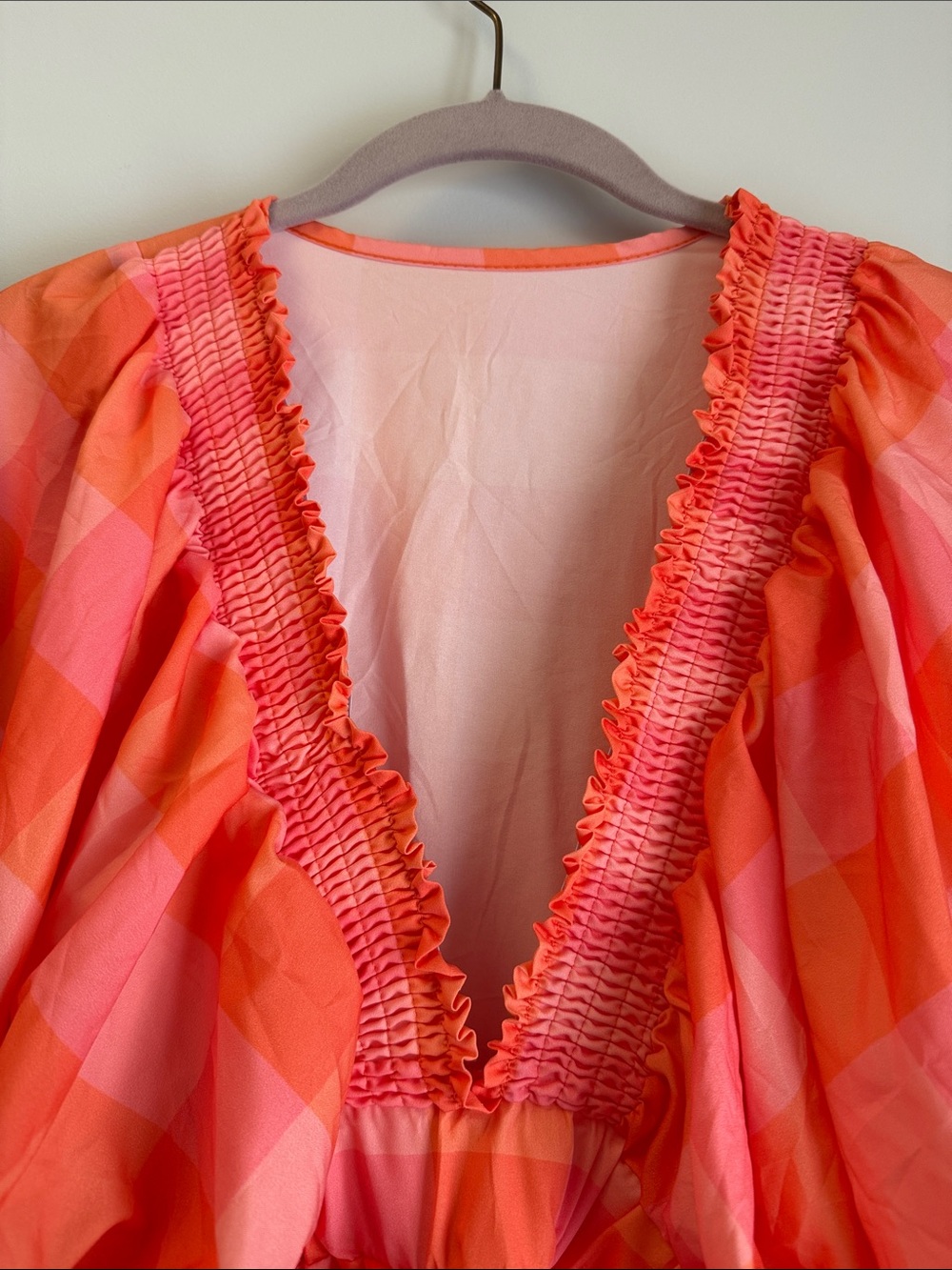 Pink & Orange Checkered Deep V Balloon Sleeve Romper - Picture 5 of 5